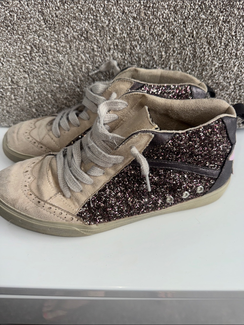 ShuShop Beige Suede High-Top Sneakers with Dark Purple Glitter